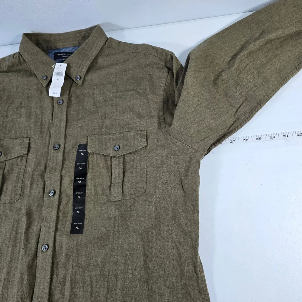 Banana Republic Mens XL Tailored Slim Fit Herringbone Utility Shirt Olive Brown